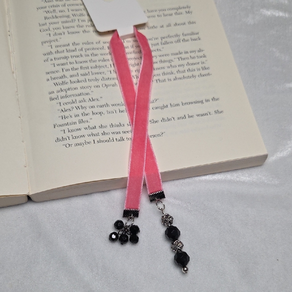 Handmade Pink Velvet Ribbon Black Beaded Bookmark Charm Book Mark Handcrafted